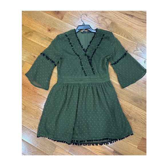 Zara Army Olive Green Swiss Dot Polka Dot Pom Pom Chiffon Mini Dress-Size: Large - Picture 5 of 9
